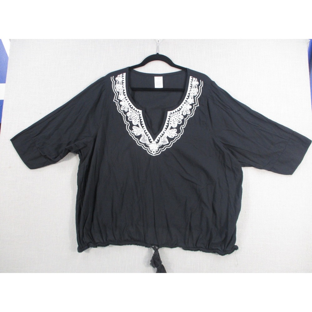 Lands End Womens Black Cotton Embroidered Split‎ Neck Blouse Tassel Hem Top XL